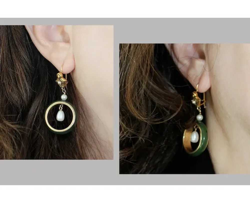 JADE & GOLD Earrings - 14K / Pearls / Nephrite Ja… - image 4