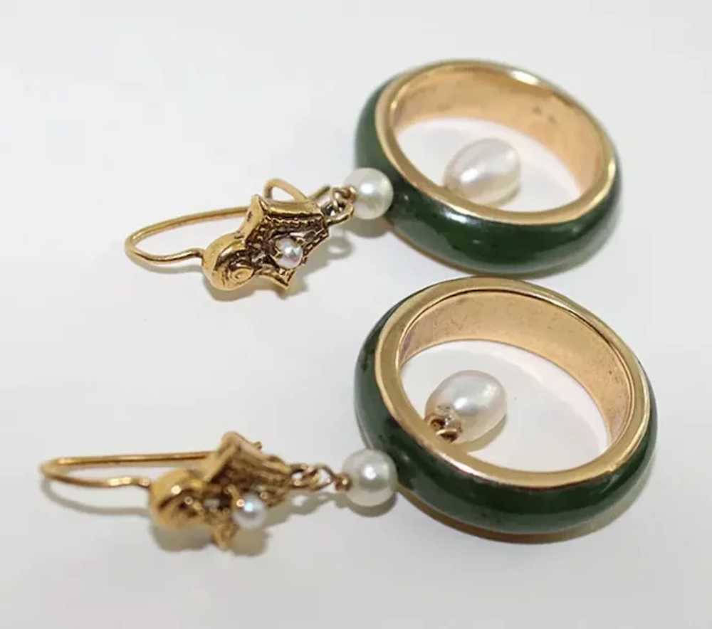 JADE & GOLD Earrings - 14K / Pearls / Nephrite Ja… - image 7