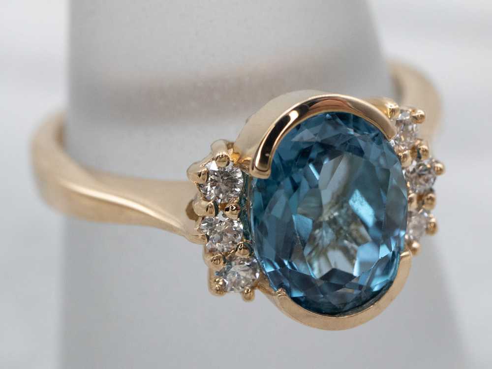 Sleek Gold Blue Topaz and Diamond Ring - image 3