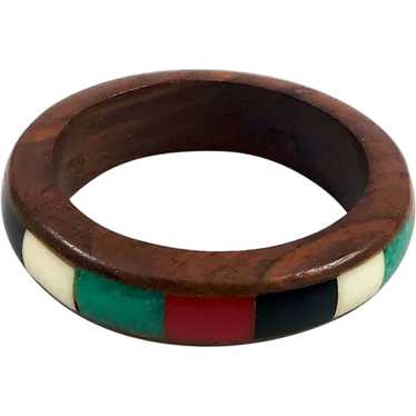 Colorful Wood & Lucite Inlaid Bangle Bracelet Vint