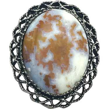 Polished Marbled Stone Framed in Silvertone Brooc… - image 1