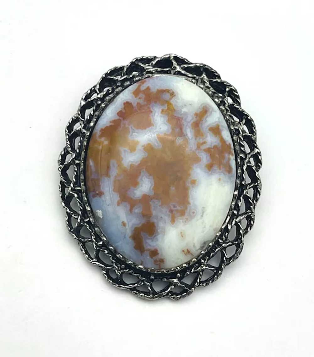 Polished Marbled Stone Framed in Silvertone Brooc… - image 2