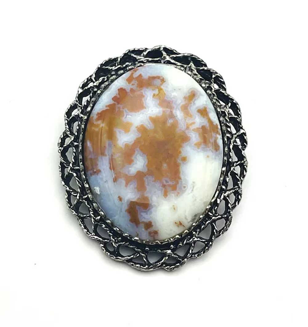 Polished Marbled Stone Framed in Silvertone Brooc… - image 3
