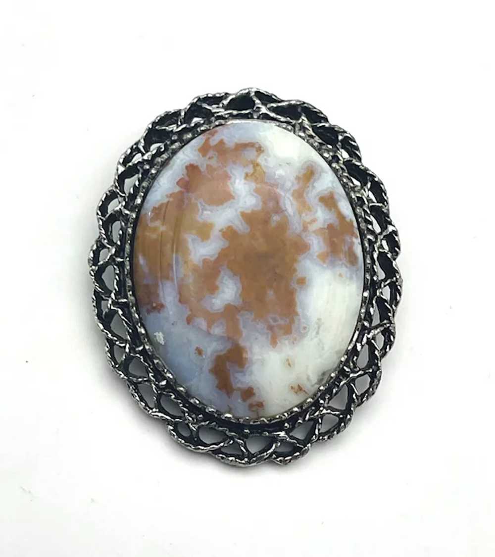 Polished Marbled Stone Framed in Silvertone Brooc… - image 7