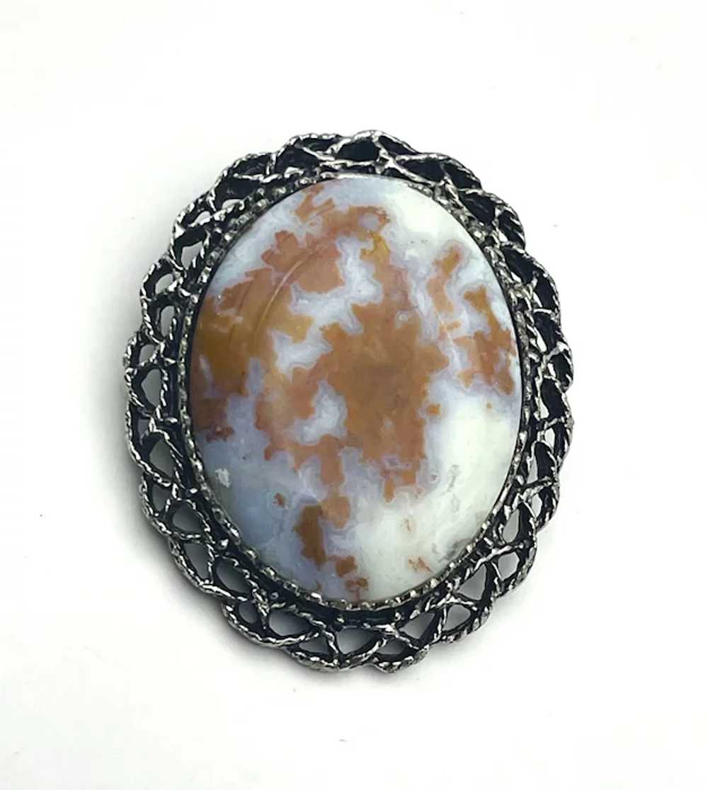 Polished Marbled Stone Framed in Silvertone Brooc… - image 8