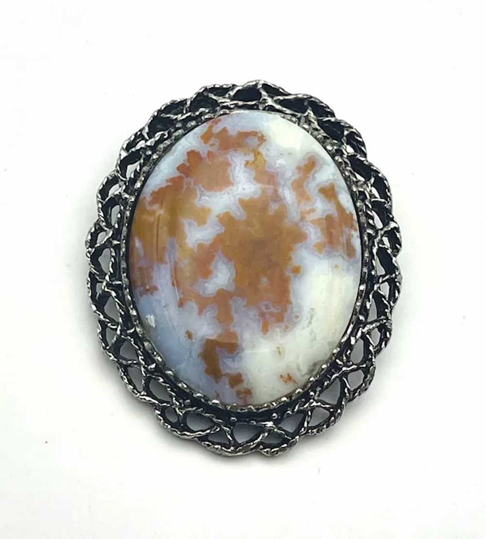 Polished Marbled Stone Framed in Silvertone Brooc… - image 9