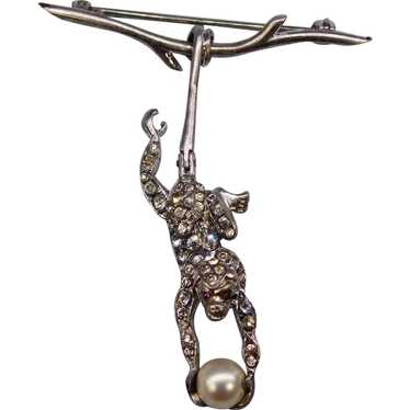 Antique Edwardian Monkey Brooch Pin Sterling Silv… - image 1