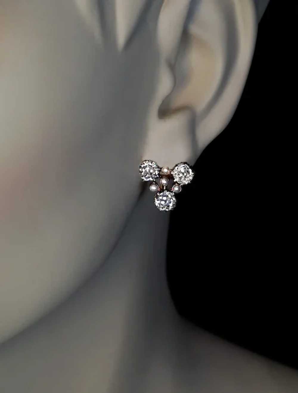 Antique 4.12 Ct Old Mine Cut Diamond Pearl Earrin… - image 2
