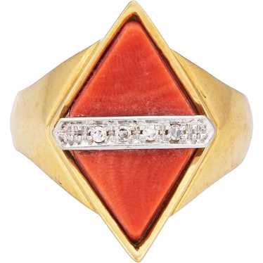 70s Coral Diamond Ring Triangle 18 Karat Yellow G… - image 1