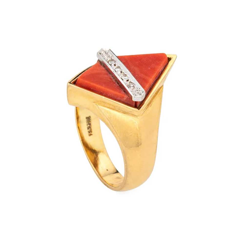 70s Coral Diamond Ring Triangle 18 Karat Yellow G… - image 2
