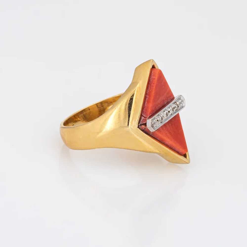 70s Coral Diamond Ring Triangle 18 Karat Yellow G… - image 3