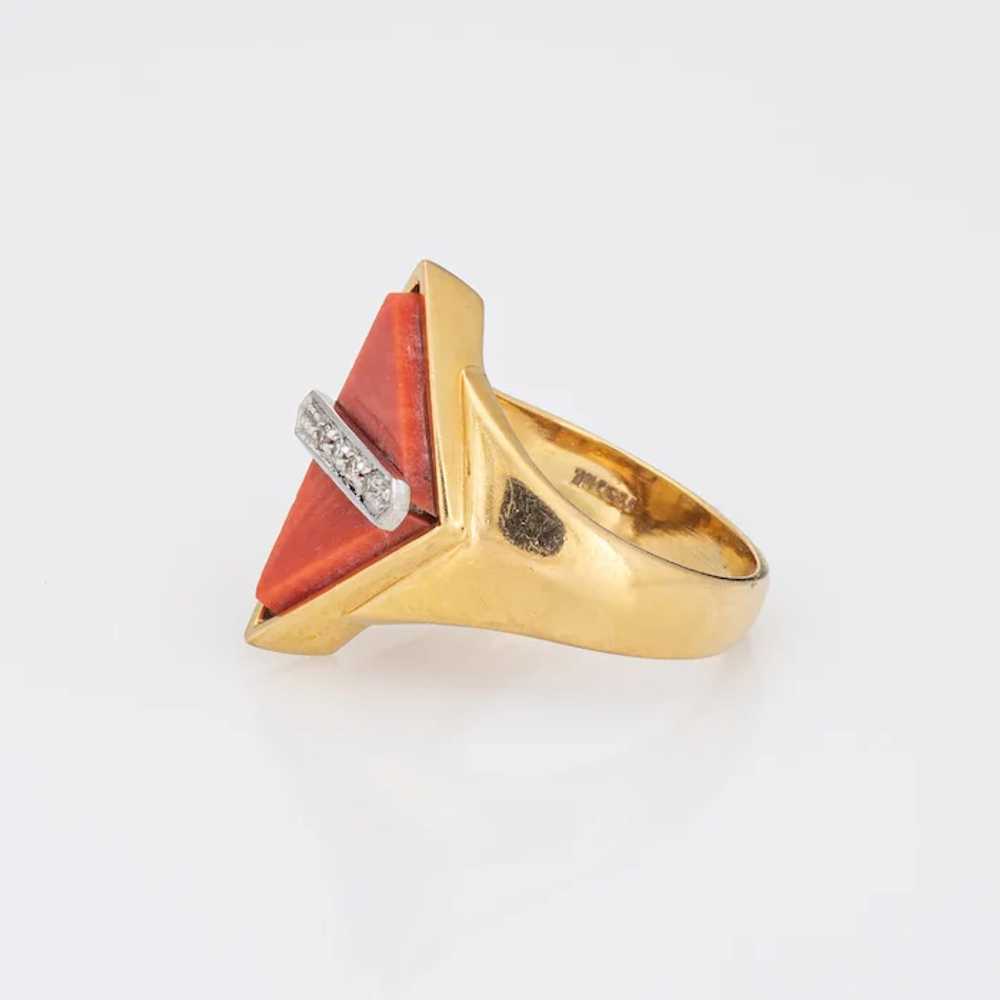 70s Coral Diamond Ring Triangle 18 Karat Yellow G… - image 4