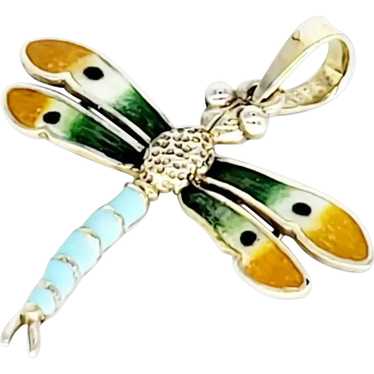 Vintage Enameled Turquoise Dragonfly Pendant 14 K… - image 1