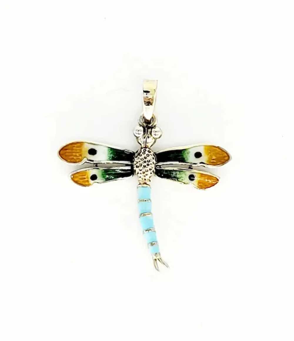 Vintage Enameled Turquoise Dragonfly Pendant 14 K… - image 2