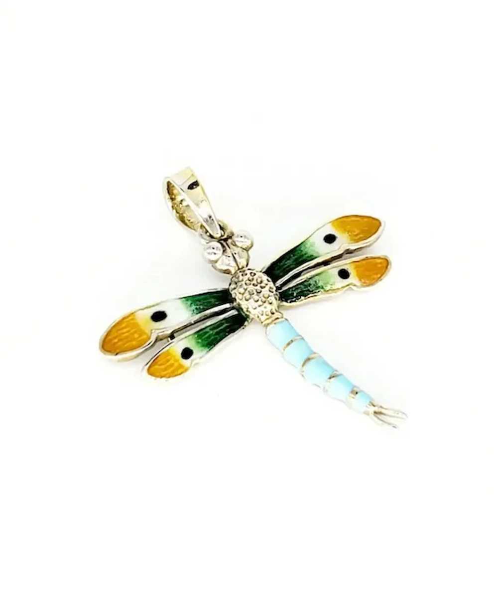Vintage Enameled Turquoise Dragonfly Pendant 14 K… - image 3