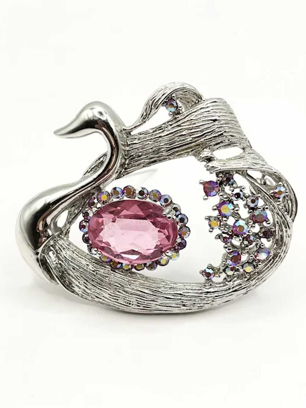 Vintage Pink Glass Rhinestone Swan Bird Brooch Pin - image 2