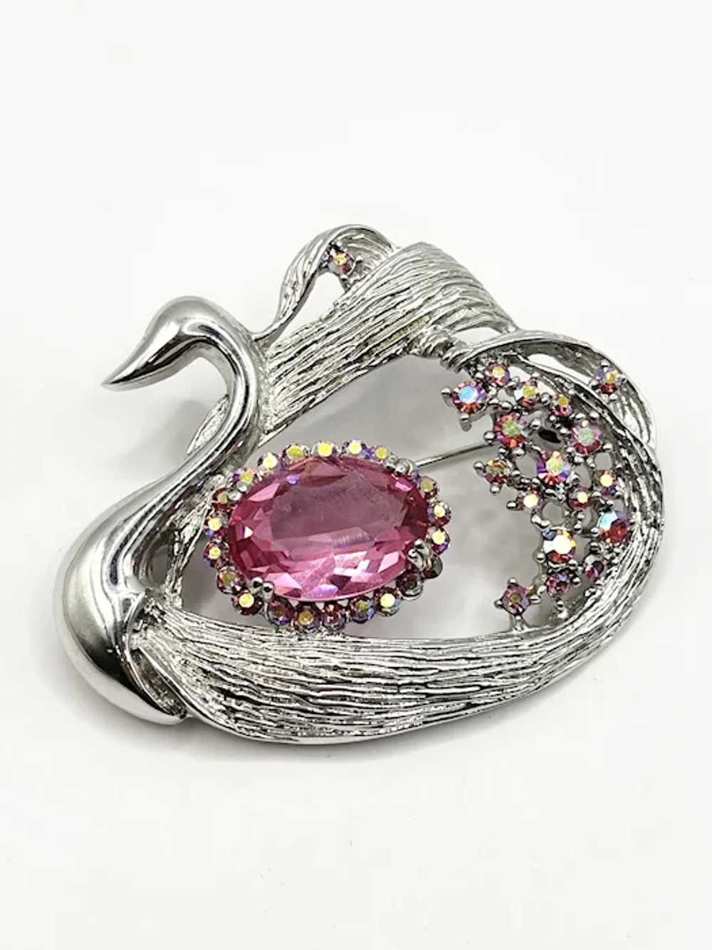 Vintage Pink Glass Rhinestone Swan Bird Brooch Pin - image 3