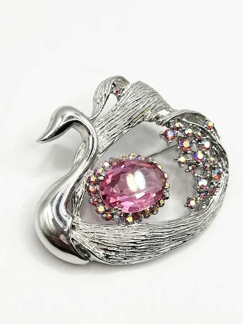 Vintage Pink Glass Rhinestone Swan Bird Brooch Pin - image 4