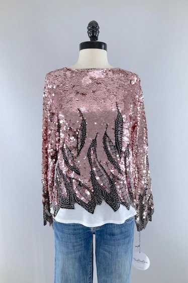 Vintage Pink Sequined Silk Chiffon Top