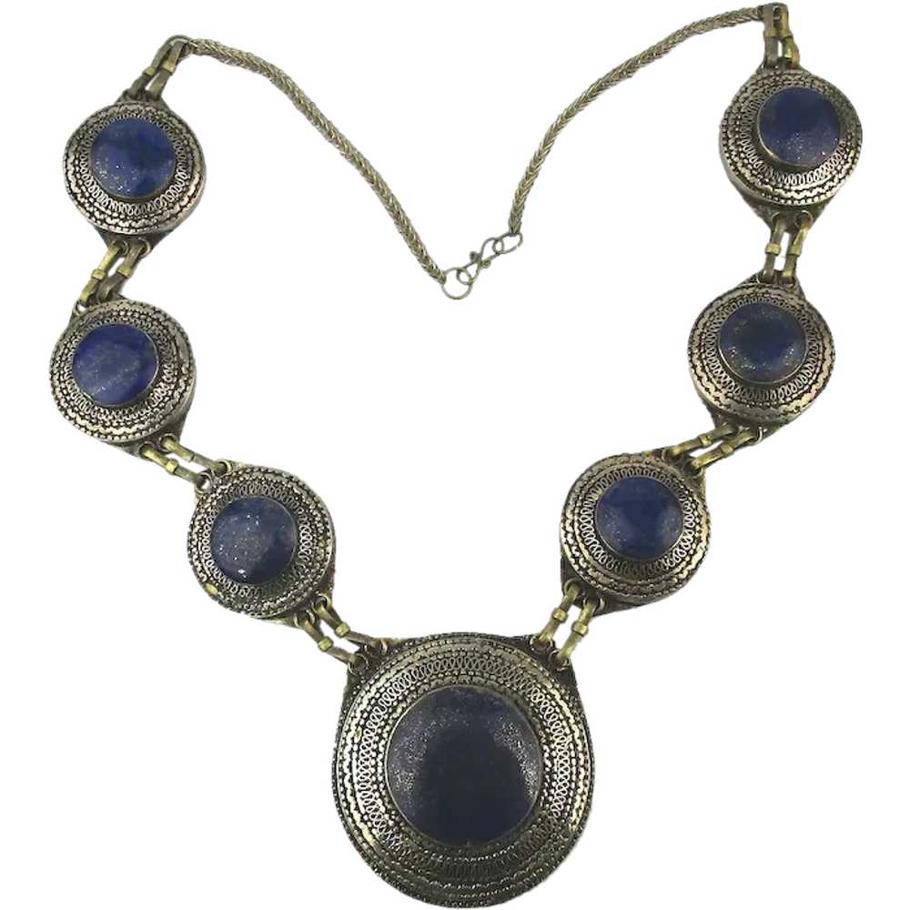 Mega Ethnic Necklace Lapis in Intricate Silverton… - image 1