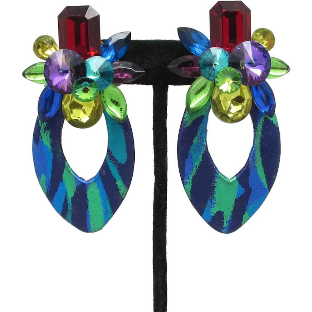 1980s Leather and Rhinestone Earrings - image 1
