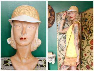 1990s does 1930s Liz Claiborne Straw & Canvas Hat - image 1