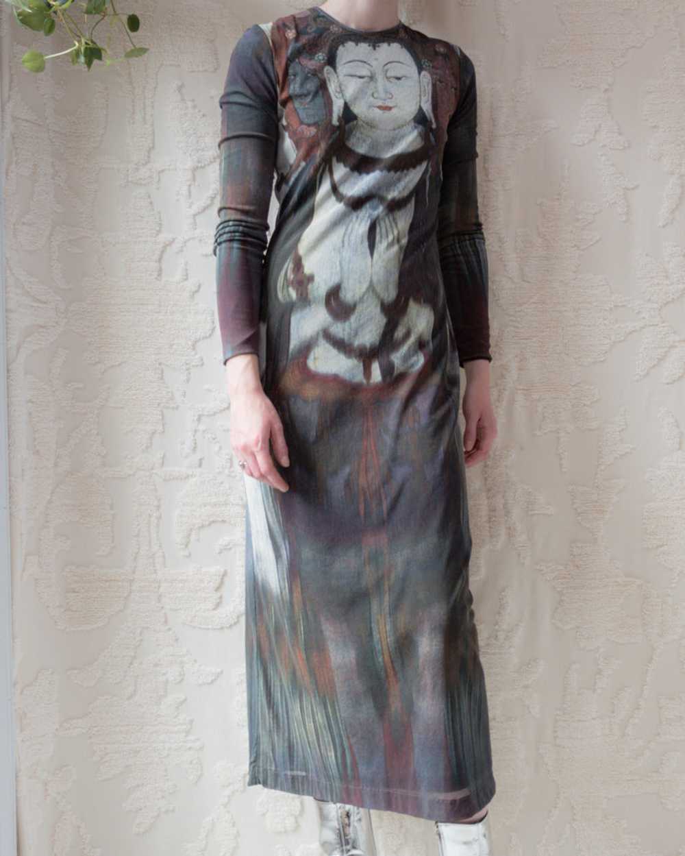 90s Vivienne Tam Kuan Yin Printed Mesh Dress - image 3