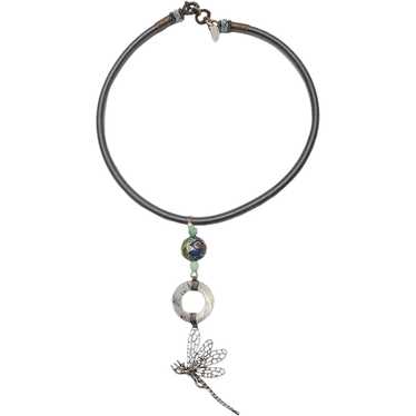 Delicate Silver Dragonfly Floats on a Silk Band wi