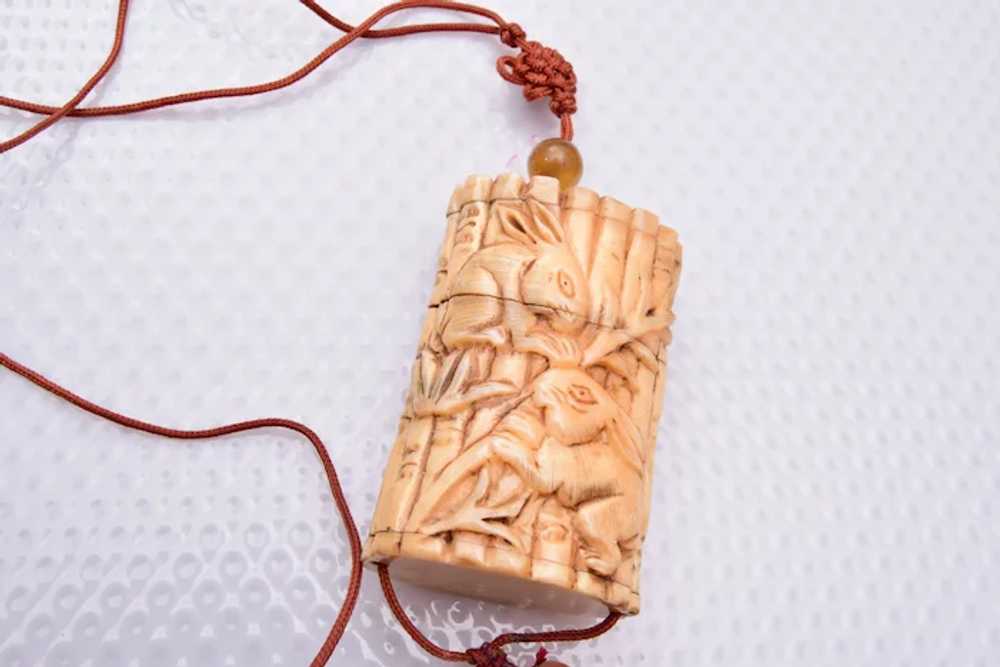 Oriental Bone Carved Box Necklace with Carved Rab… - image 3