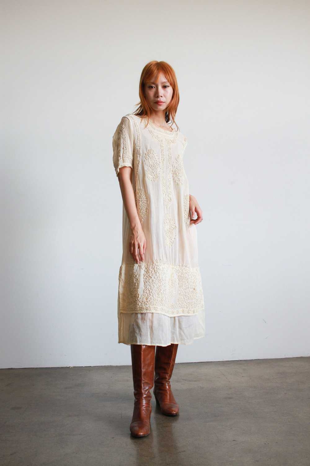1910s Edwardian Ecru Soutache Cotton Voile Dress - image 10
