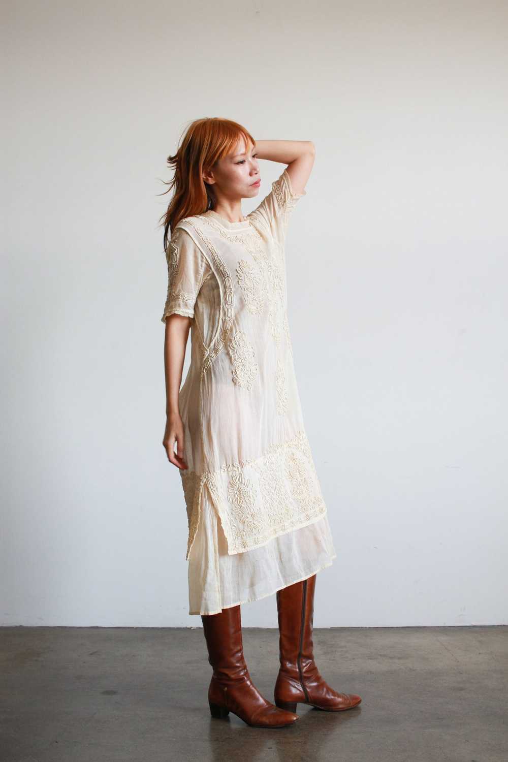 1910s Edwardian Ecru Soutache Cotton Voile Dress - image 11