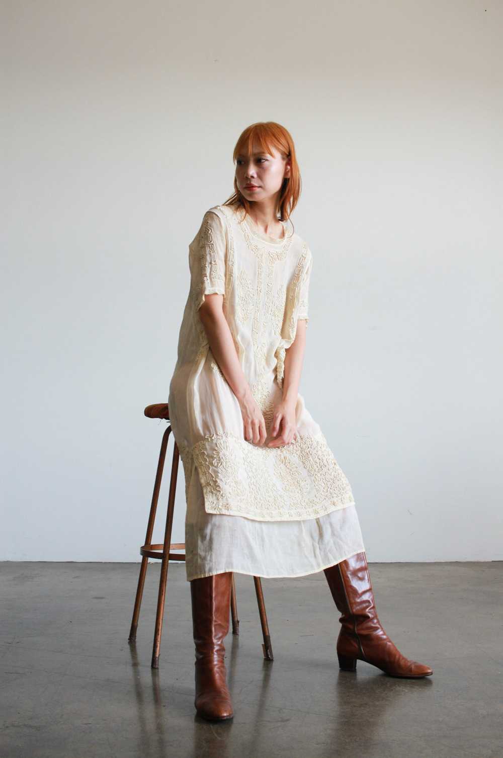 1910s Edwardian Ecru Soutache Cotton Voile Dress - image 2