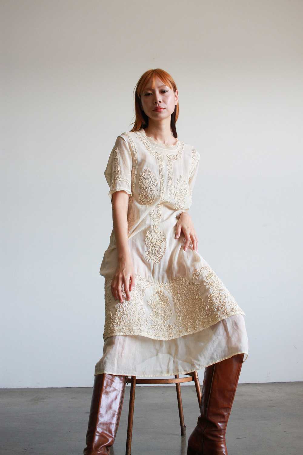 1910s Edwardian Ecru Soutache Cotton Voile Dress - image 5