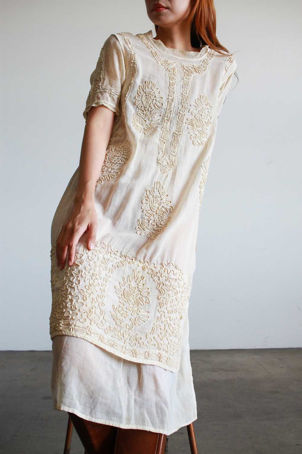 1910s Edwardian Ecru Soutache Cotton Voile Dress - image 6
