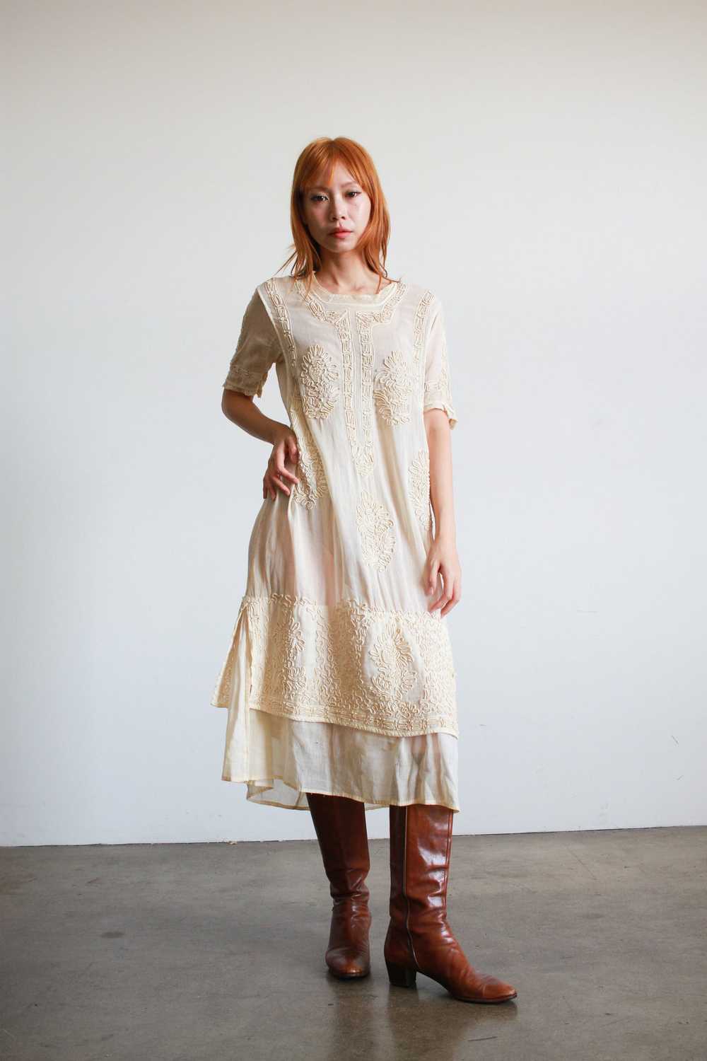1910s Edwardian Ecru Soutache Cotton Voile Dress - image 9