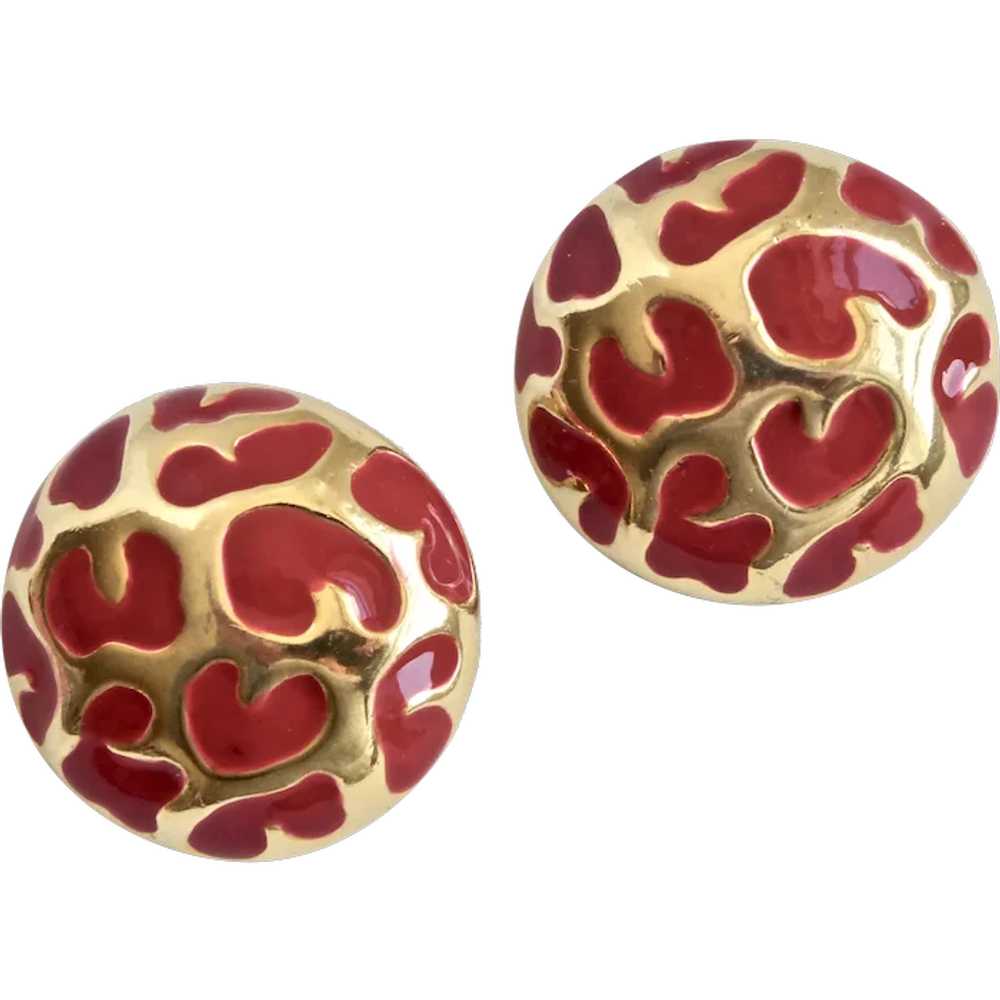 Pure Red Enamel and Gold tone Button Earrings, Cl… - image 1