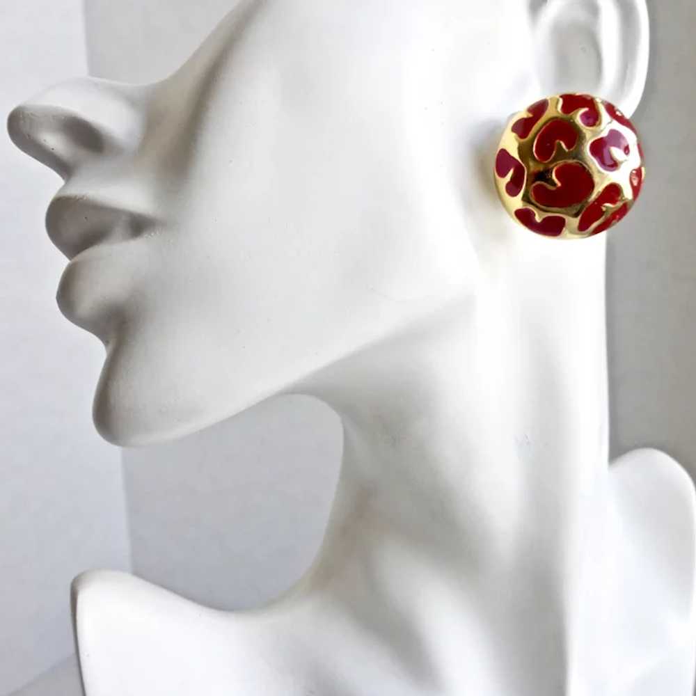 Pure Red Enamel and Gold tone Button Earrings, Cl… - image 2