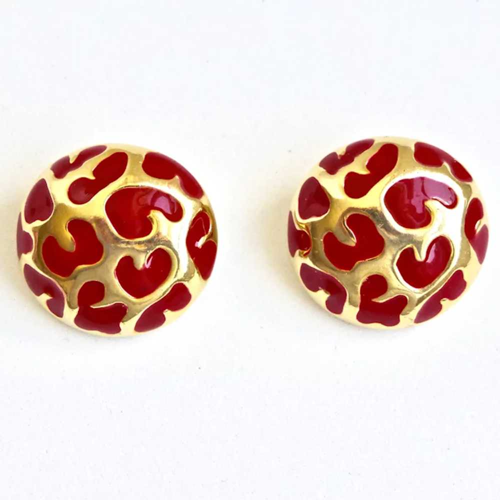 Pure Red Enamel and Gold tone Button Earrings, Cl… - image 3