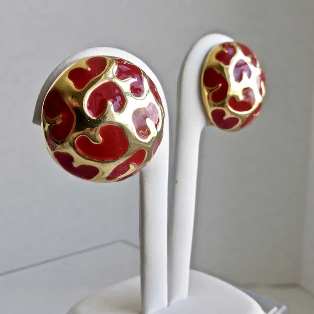 Pure Red Enamel and Gold tone Button Earrings, Cl… - image 4