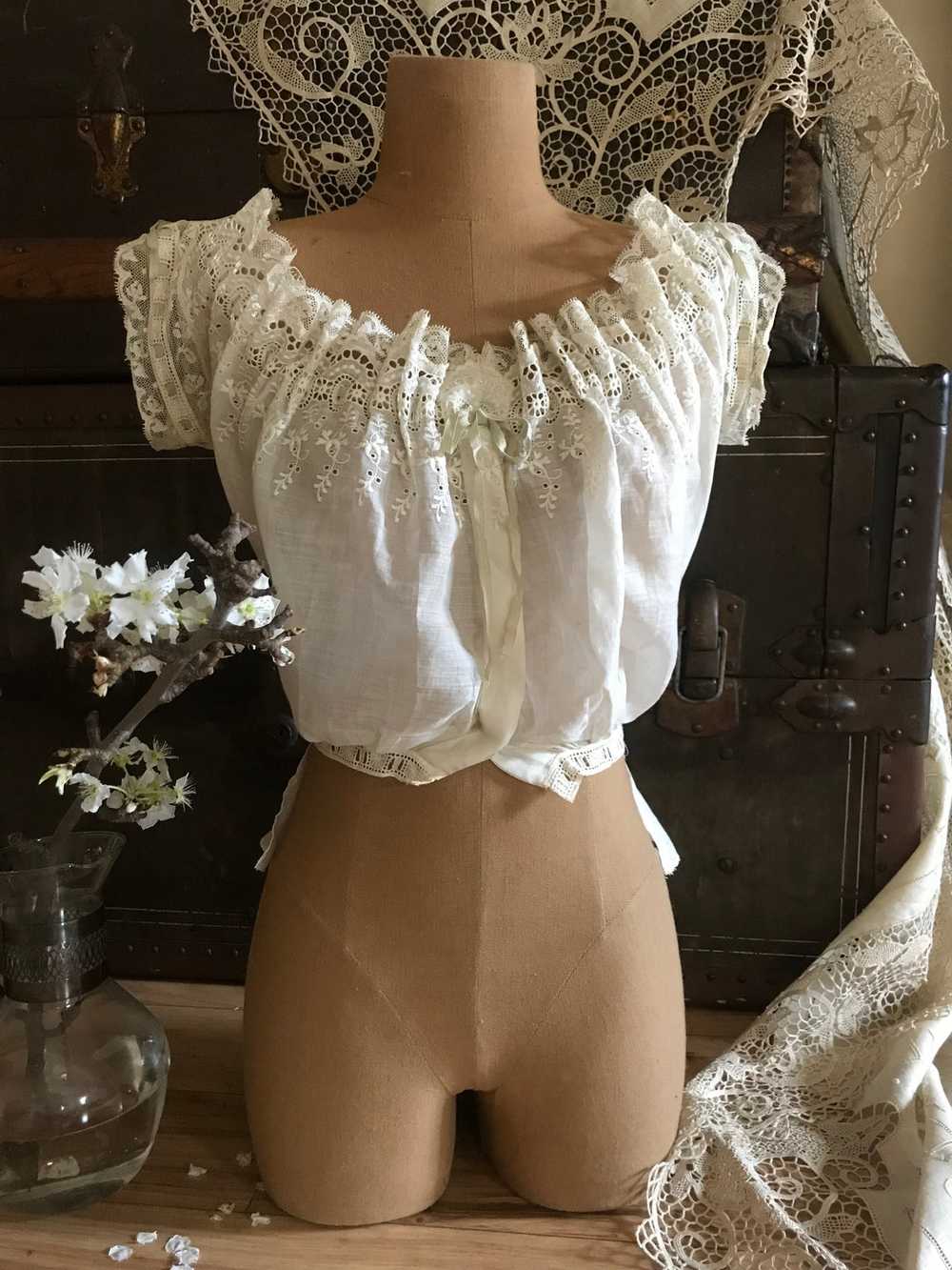 Antique Victorian embroidered eyelet corset cover - image 6