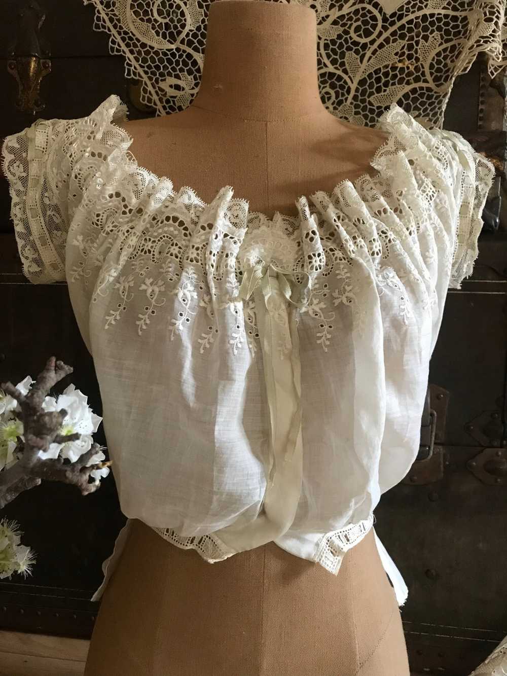 Antique Victorian embroidered eyelet corset cover - image 7