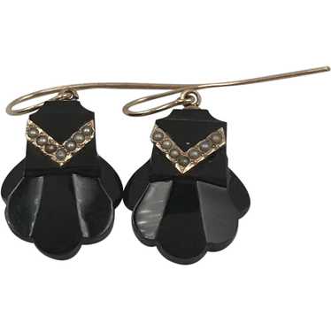 Victorian Onyx Seed Pearls & 14k Gold Earrings