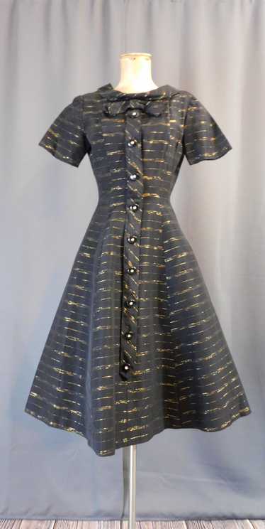 Vintage Black & Gold Striped Dress with Full Skirt