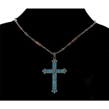 Antique Victorian 9K Gold Turquoise Cross Pendant… - image 1