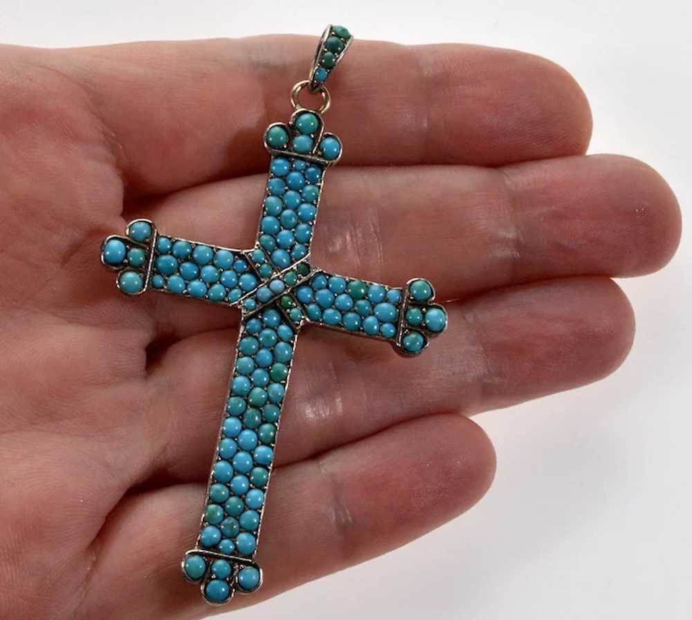 Antique Victorian 9K Gold Turquoise Cross Pendant… - image 2