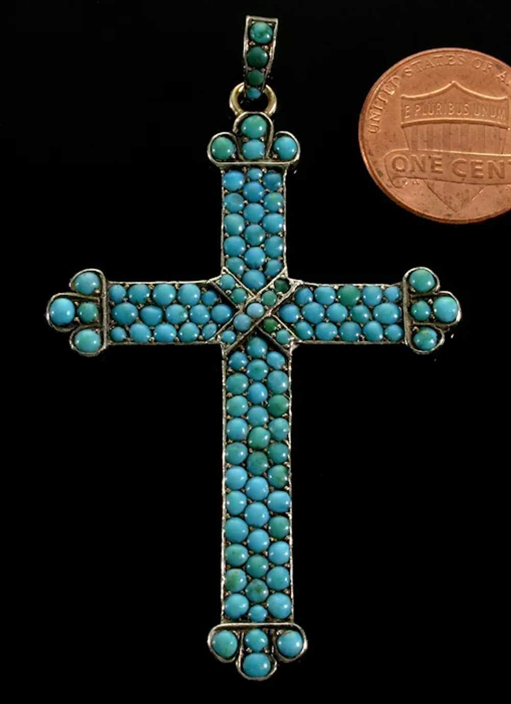 Antique Victorian 9K Gold Turquoise Cross Pendant… - image 3