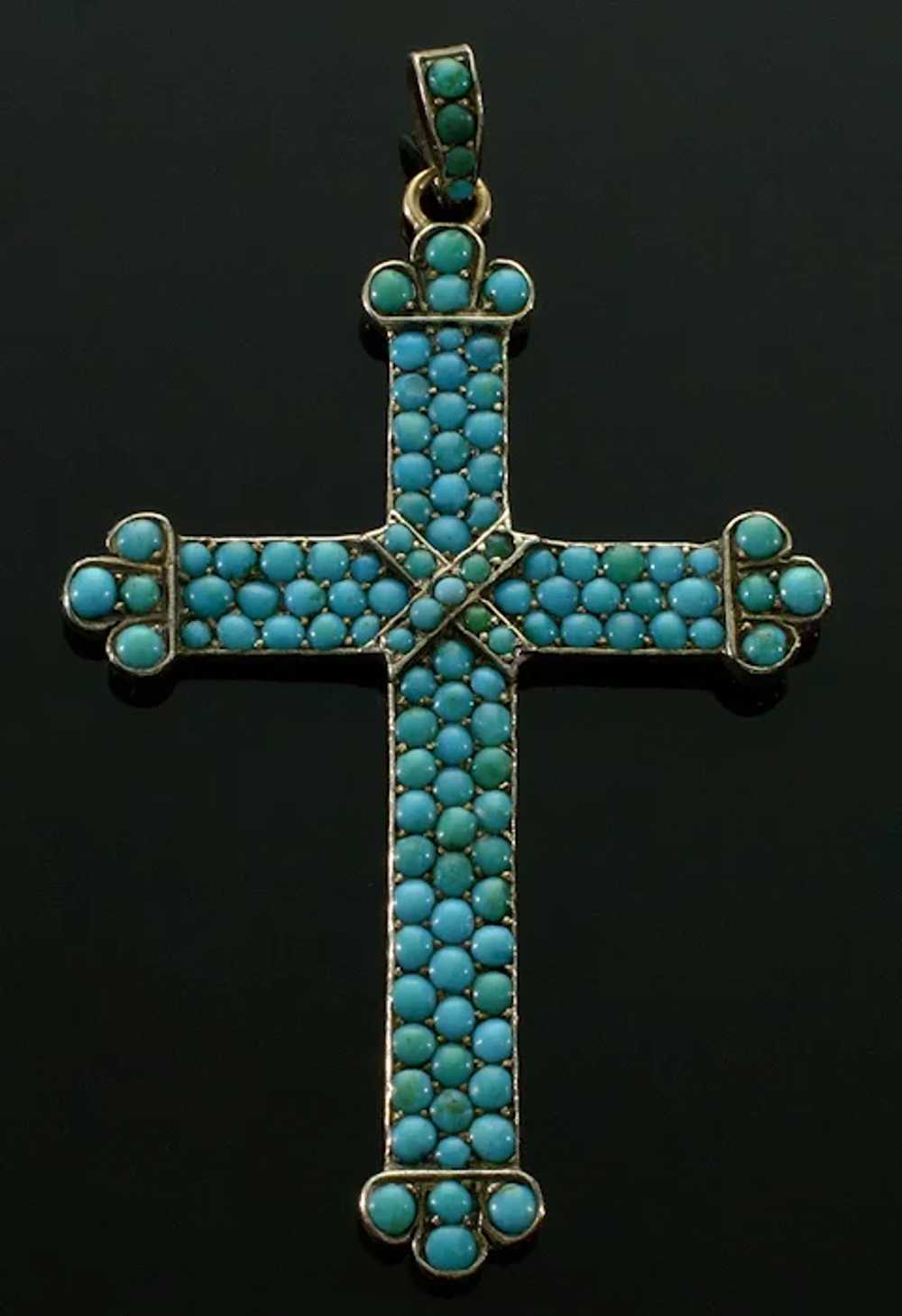 Antique Victorian 9K Gold Turquoise Cross Pendant… - image 5