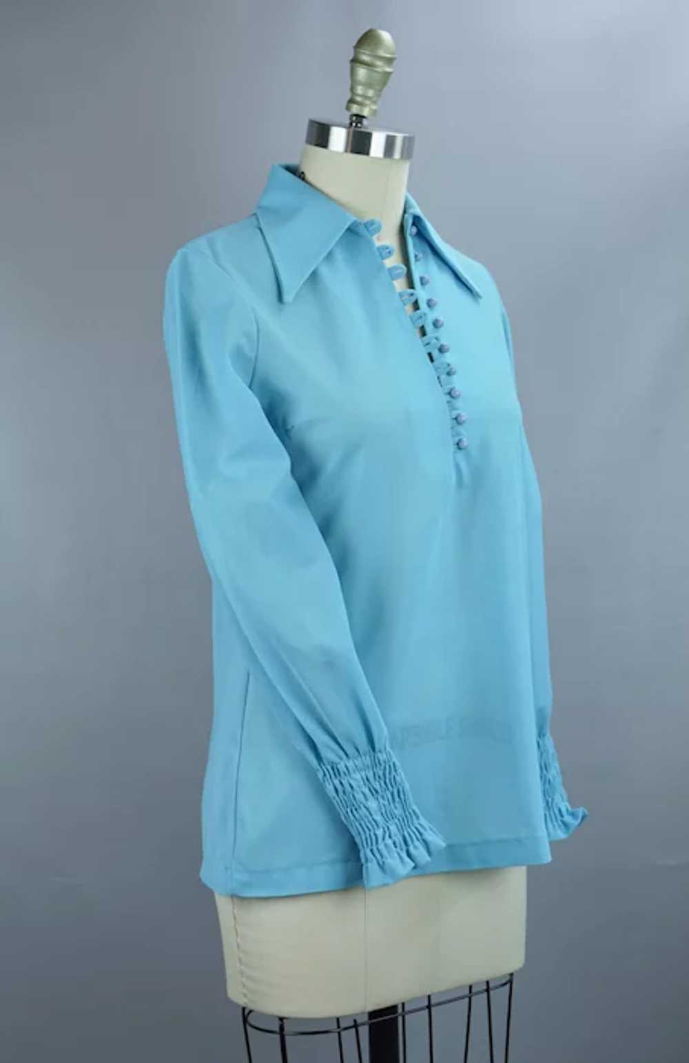 70s Teal Renaissance Style Shirt Blouse - image 2