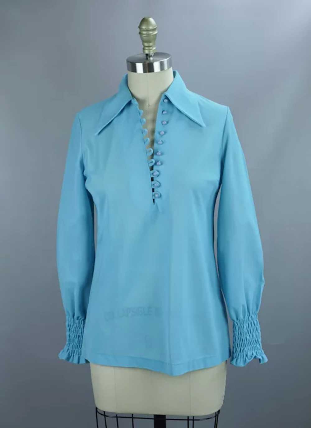 70s Teal Renaissance Style Shirt Blouse - image 4