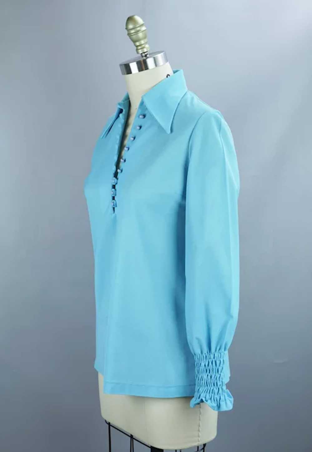 70s Teal Renaissance Style Shirt Blouse - image 5